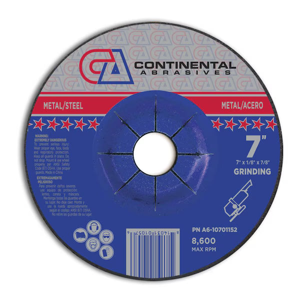 Continental Abrasives 7"x1/8"x7/8" T27 Depressed Center Cutting, Grinding & Notching Wheel, Reinforced Fiberglass