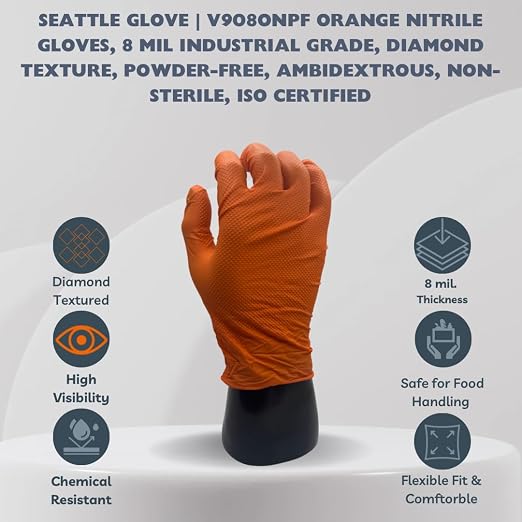 Seattle Glove Orange Nitrile Gloves,8 Mil Industrial Grade, Diamond Texture, Powder-Free V908ONPF