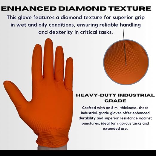 Seattle Glove Orange Nitrile Gloves,8 Mil Industrial Grade, Diamond Texture, Powder-Free V908ONPF