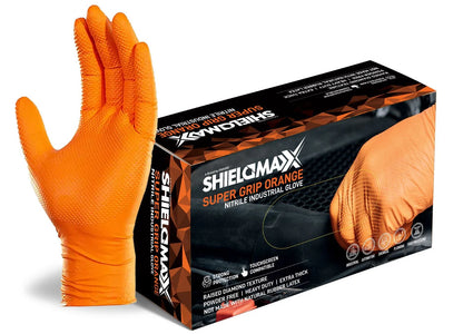 SHIELDMAXX® Heavy Duty Diamond Grip Textured Powder Free Orange Nitrile Gloves