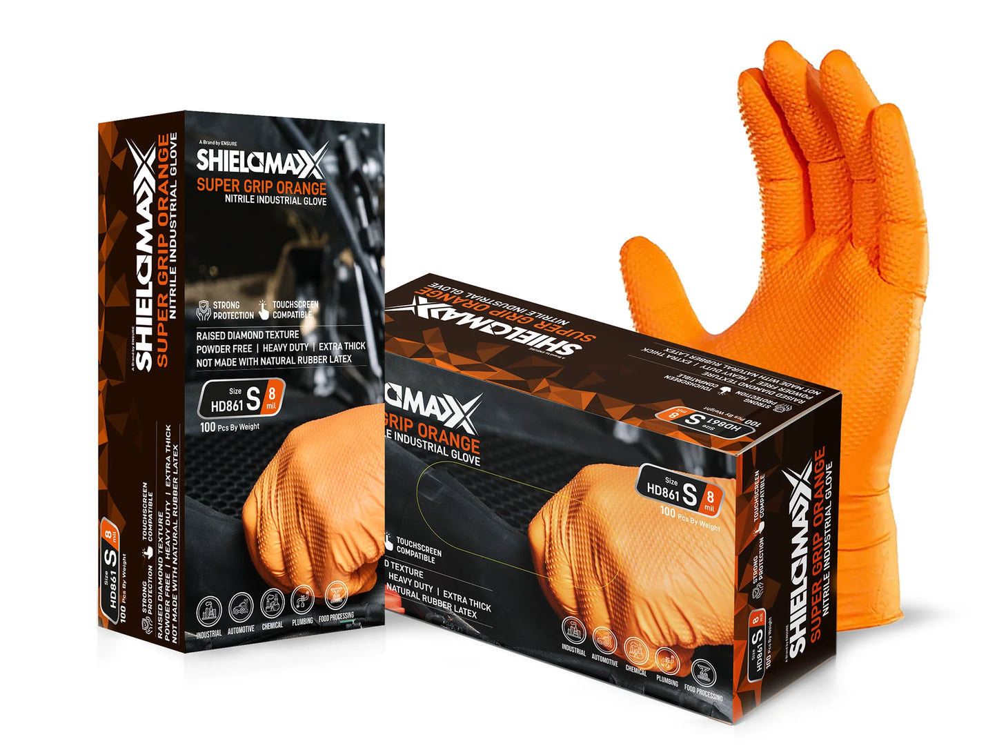 SHIELDMAXX® Heavy Duty Diamond Grip Textured Powder Free Orange Nitrile Gloves