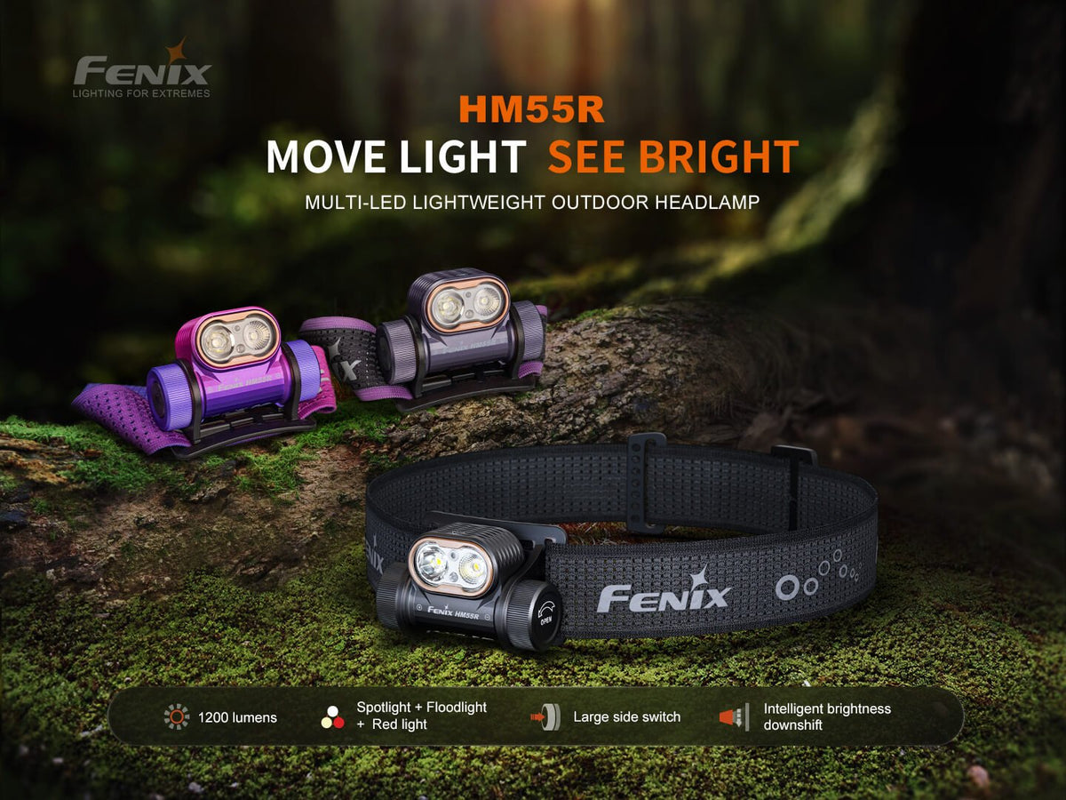 Fenix HM55R black rechargeable headlamp angle view