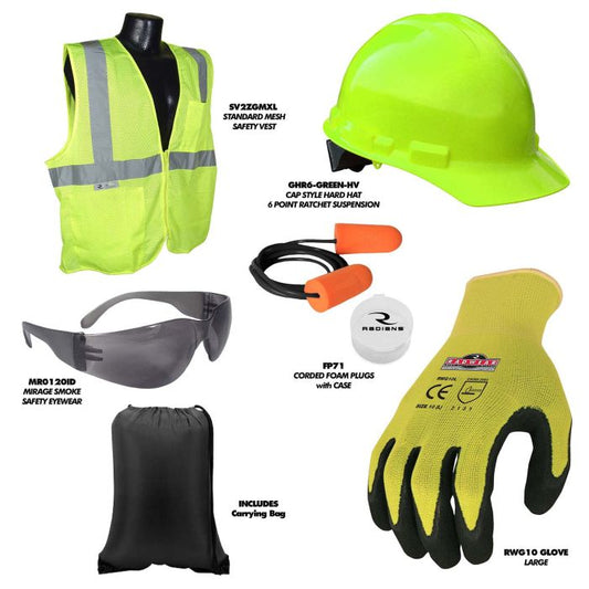 Radians Deluxe Hi-Vis Safety Starter Kit with Bag, Includes Hard Hat, Vest, Eyewear, Gloves & Earplugs