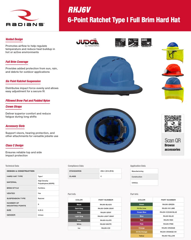 Radians RHJ6V The Judge Full Brim Hard Hat - Ratchet Suspension