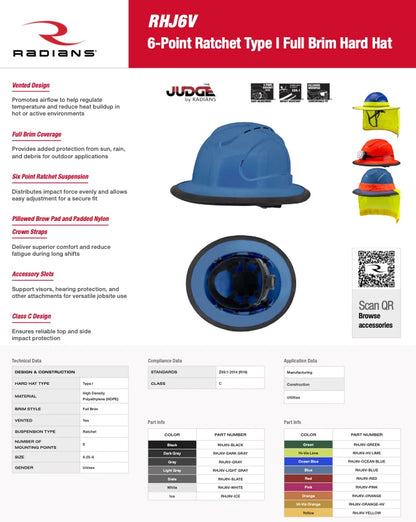 Radians RHJ6V The Judge Full Brim Hard Hat - Ratchet Suspension