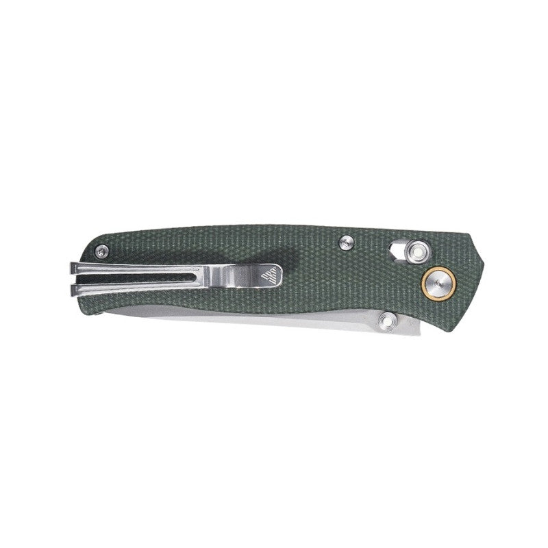 SRM Medal 255L-MG2 green Micarta knife closed with pocket clip