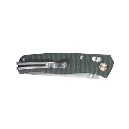 SRM Medal 255L-MG2 green Micarta knife closed with pocket clip